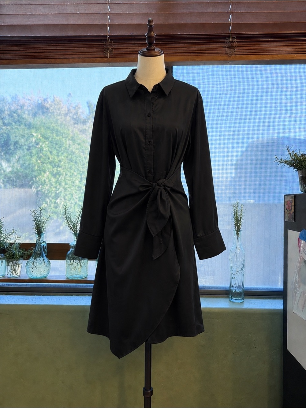 AND NOW THIS XL Tie Front Shirt Dress Beige Taupe Asymmetrical Hem